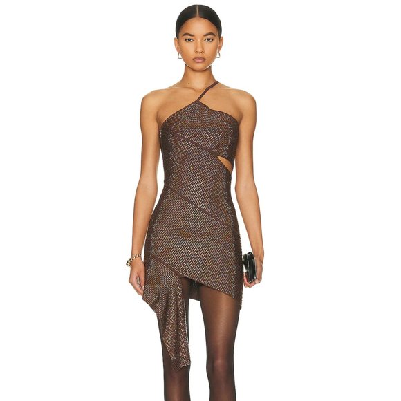 Andreadamo Dresses & Skirts - NEW Andreadamo Full Strass Mono One Shoulder Mini Dress Nude Brown Silver Medium